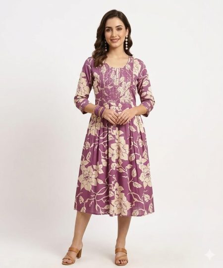 Purple Beige Floral Printed Anarkali Dress (only Top)