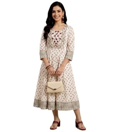 White Floral Printed Anarkali kurta (only TOP)