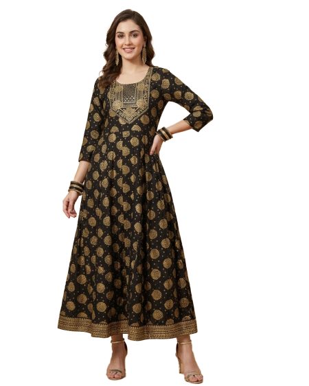 Green & Gold Printed Anarkali Dress (only Top)