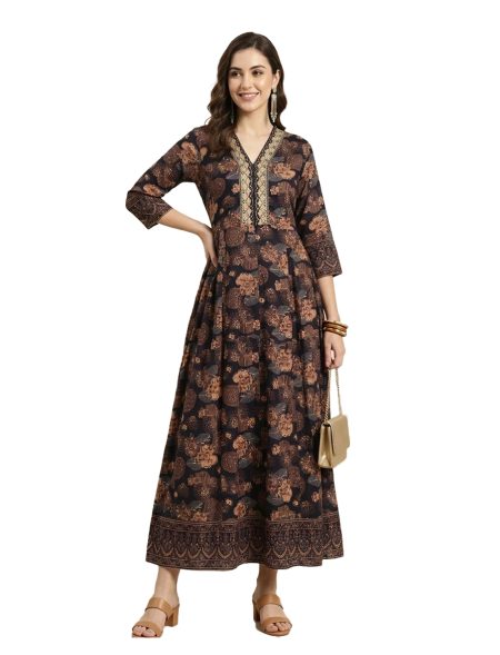 Navy Blue Floral Printed Flared Anarkali (only Top)