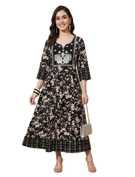 Black Floral Printed Flared Anarkali (only Top)