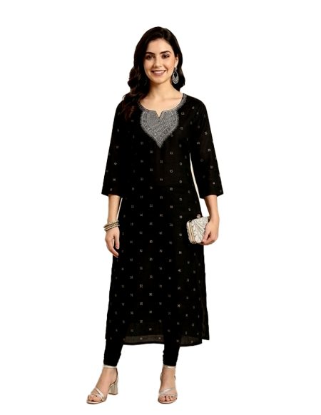 Black Embroidered Straight Kurta (only Top)