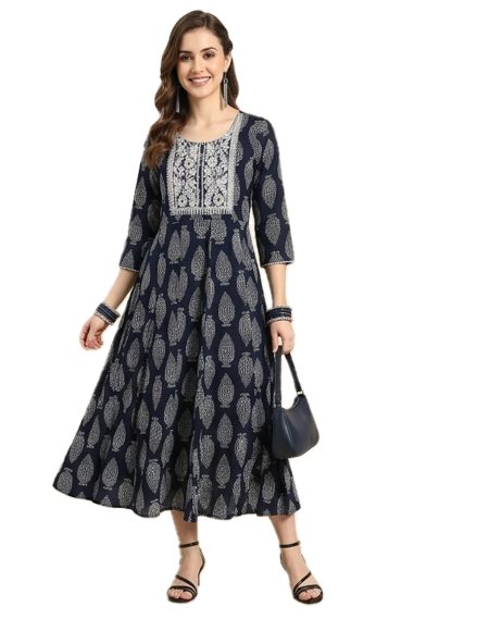 Navy Blue Printed Flared Anarkali (only Top)