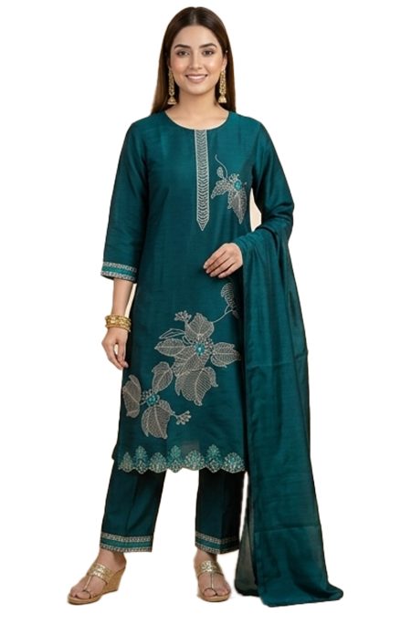 Teal Green Embroidered - Kurta and Pant Set