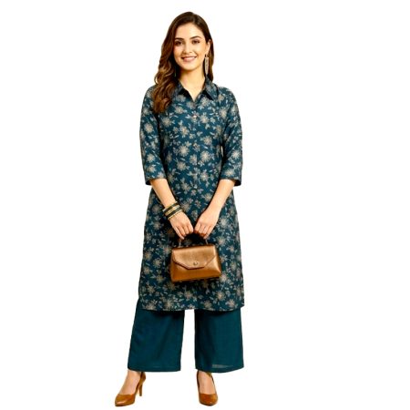 Teal Printed Straight Kurta & Pant Set