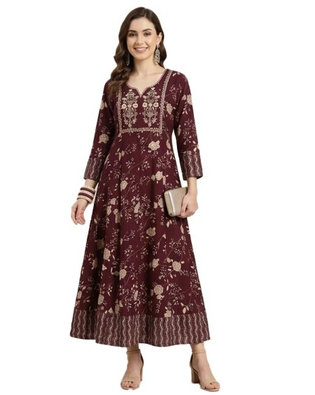Dark Maroon Floral Printed Panel Anarkali With Dupatta