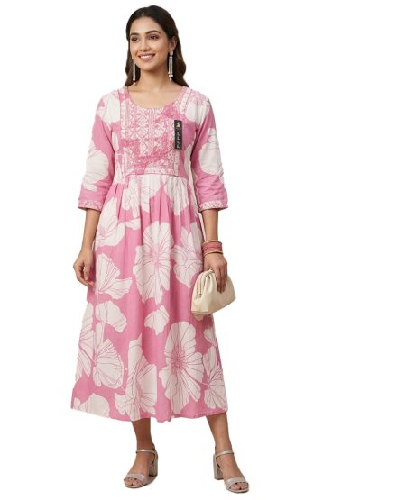 Pink Beige Floral Printed Anarkali Dress (only Top)