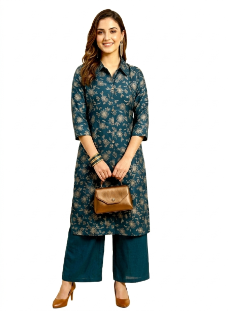 Teal Green Printed Straight Kurta & Pant Set