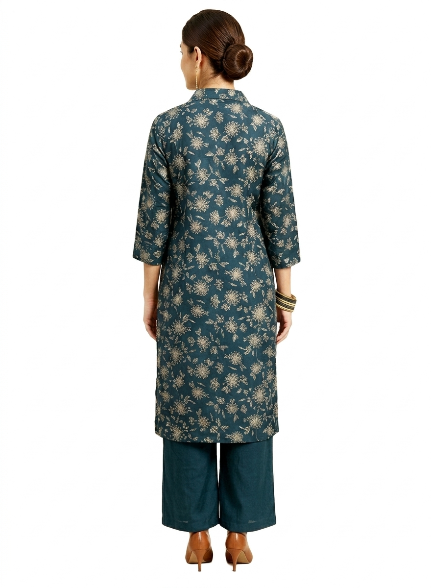 Teal Green Printed Straight Kurta & Pant Set - Image 2