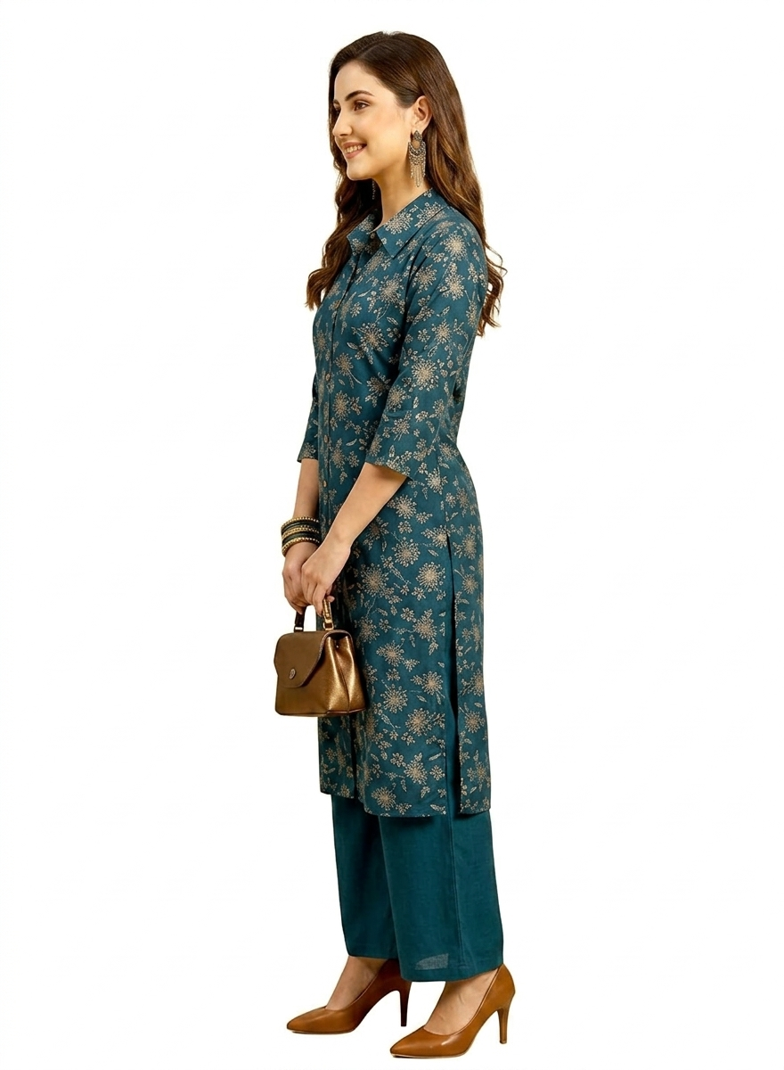 Teal Green Printed Straight Kurta & Pant Set - Image 3