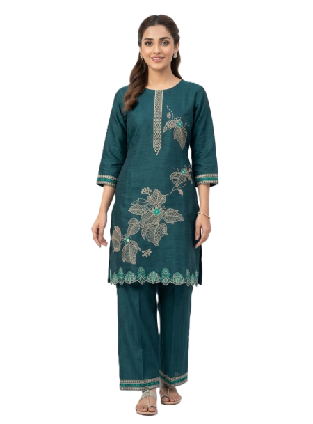 Teal Green Embroidered - Kurta and Pant Set