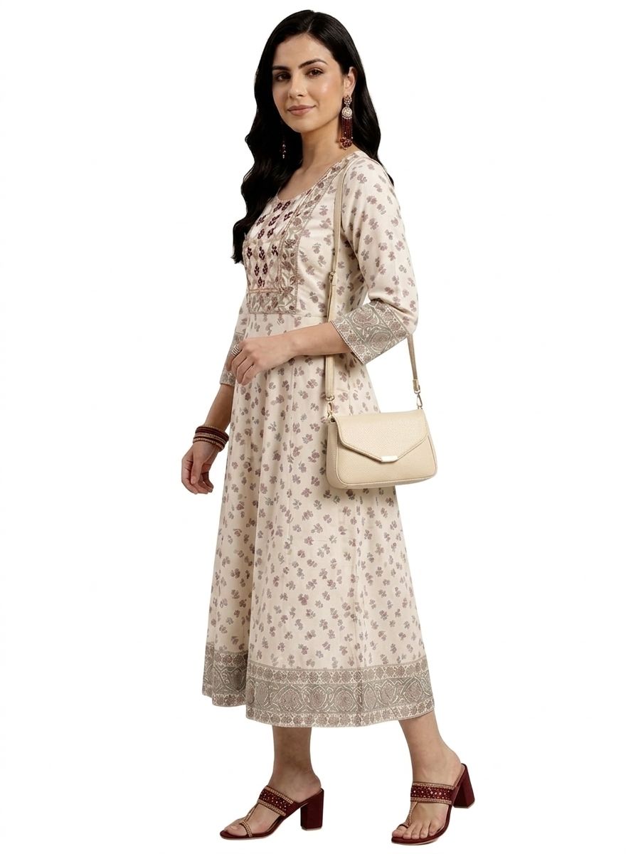 White Floral Printed Anarkali kurta (only TOP) - Image 3