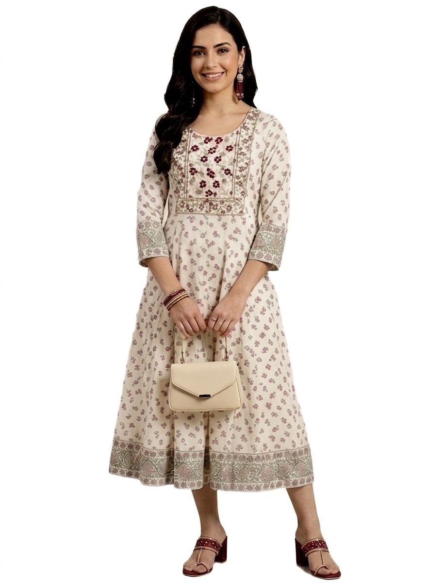 White Floral Printed Anarkali kurta (only TOP)