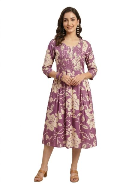 Purple Beige Floral Printed Anarkali Dress (only Top)
