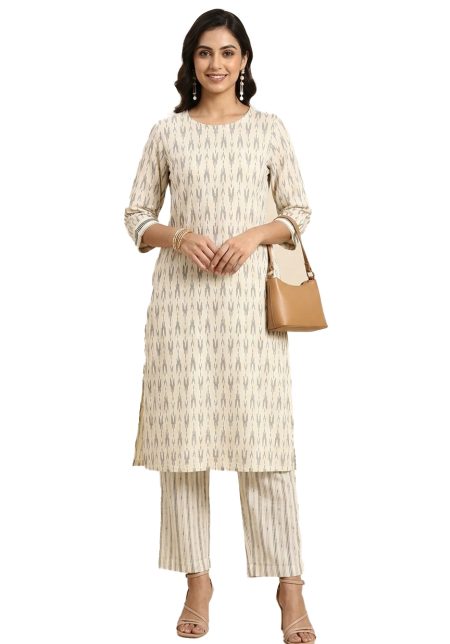 White & Grey Ikat Print Straight Kurta with Pants