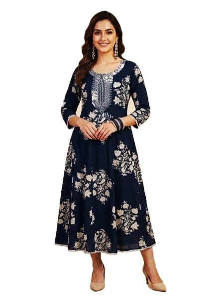 Navy Blue Floral Printed Flared Anarkali (only Top)