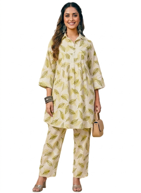 White & Green Leaf Printed Kurta and Pant Set