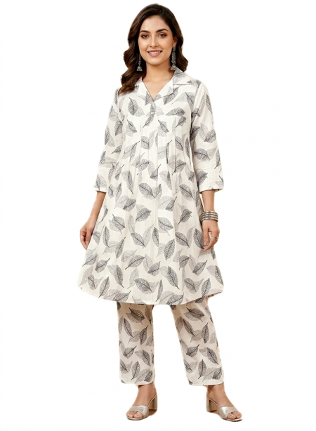 White & Black Leaf Printed Kurta and Pant Set