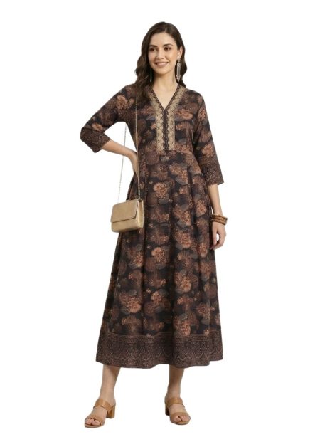 Navy Blue Floral Printed Flared Anarkali (only Top)