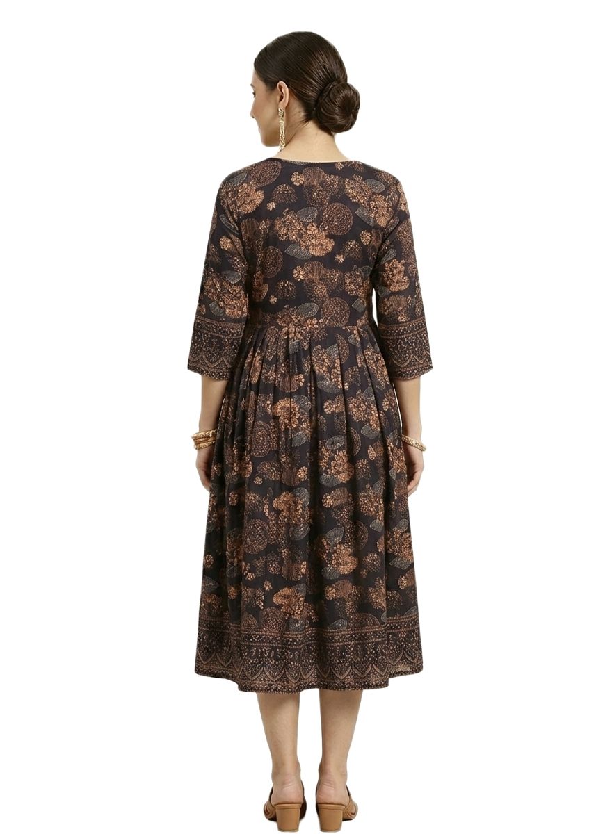 Navy Blue Floral Printed Flared Anarkali (only Top) - Image 2