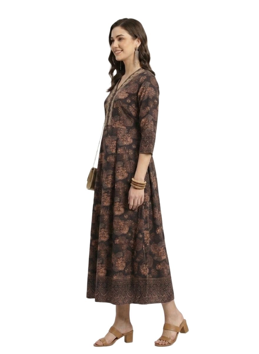Navy Blue Floral Printed Flared Anarkali (only Top) - Image 3