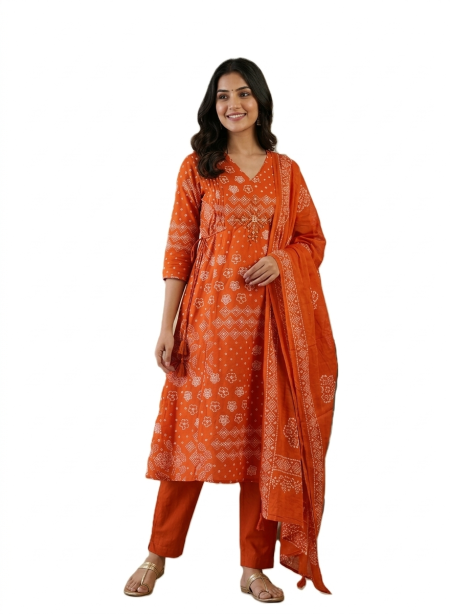 Rust Orange Bandhani Printed Salwar Suit(Kurti,Pant & Dupatta)