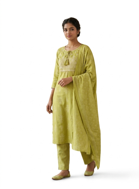Olive Green Bandhani Printed Salwar Suit(Kurti,Pant & Dupatta)