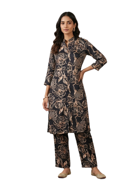 Black Abstract Floral Printed Kurta With Coordinated Bottom