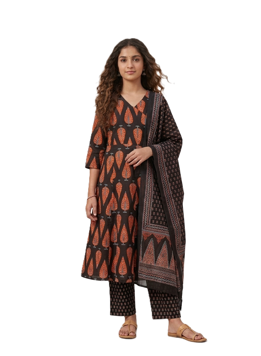 Black leaf printed angrakha salwar suit