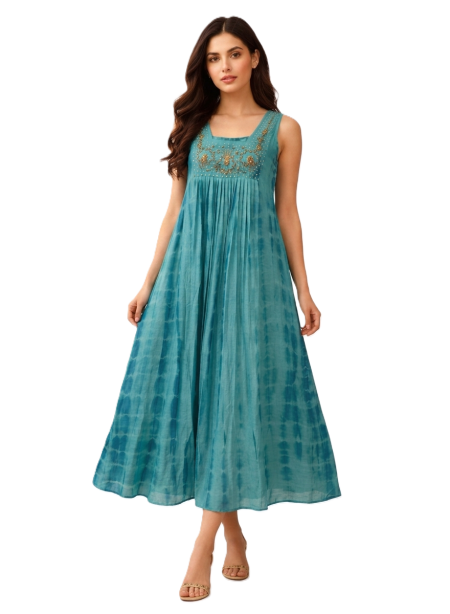 Sky Blue Pleated Handwork Kurti (With 3/4th Attached Sleeves)
