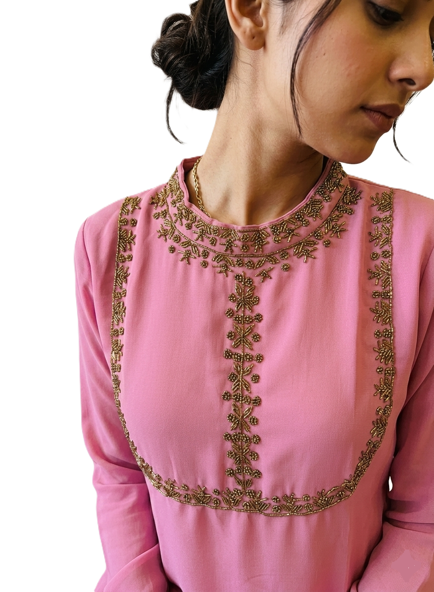 Pink Jewel Neck Handwork Kurti - Image 2