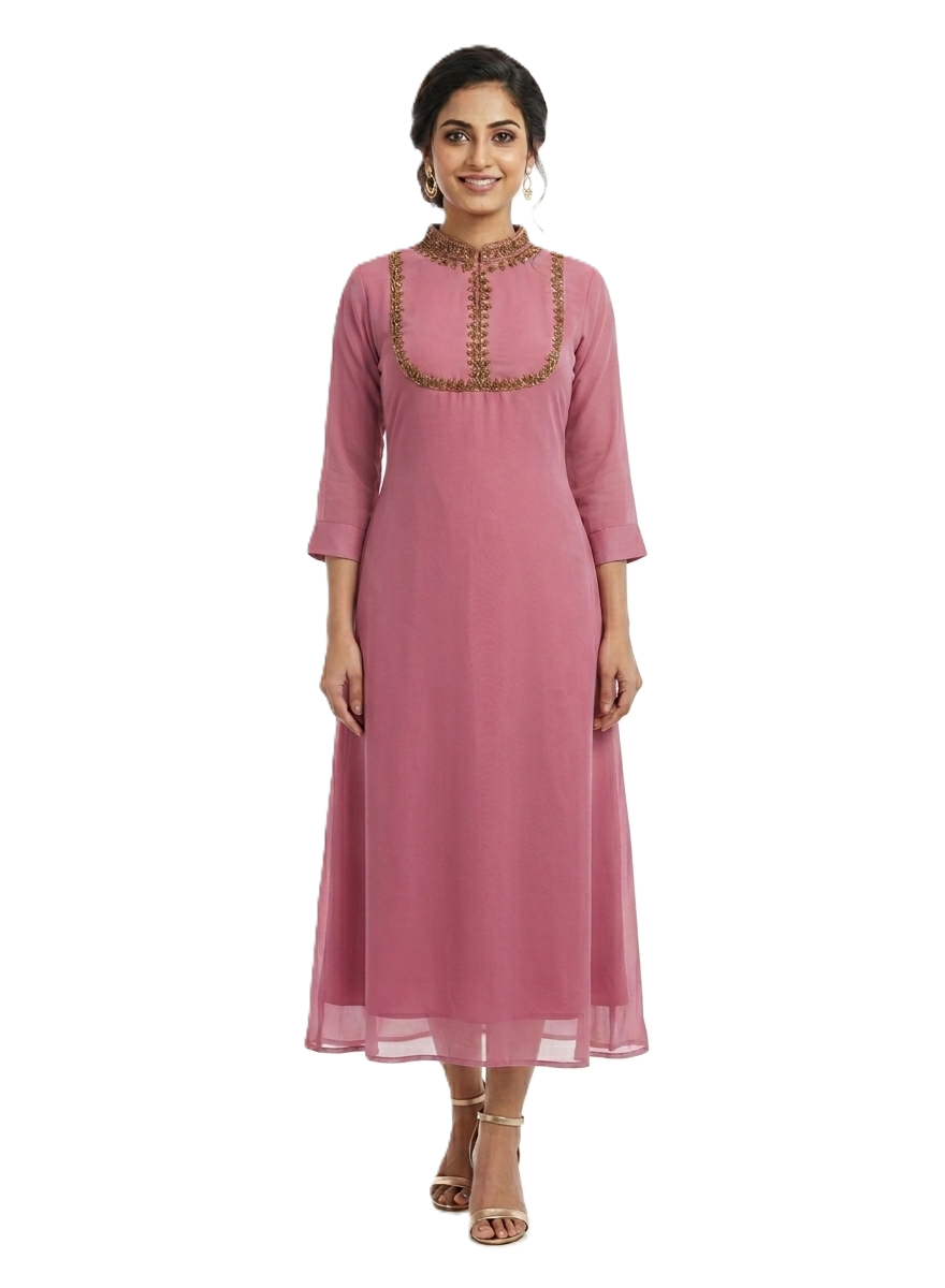 Pink Jewel Neck Handwork Kurti