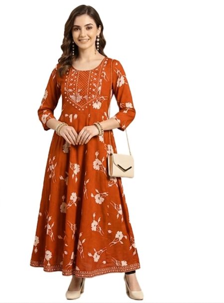 Rust Orange Floral Anarkali (only Top)