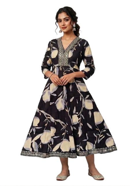 Black  Printed Flared Anarkali (only Top)