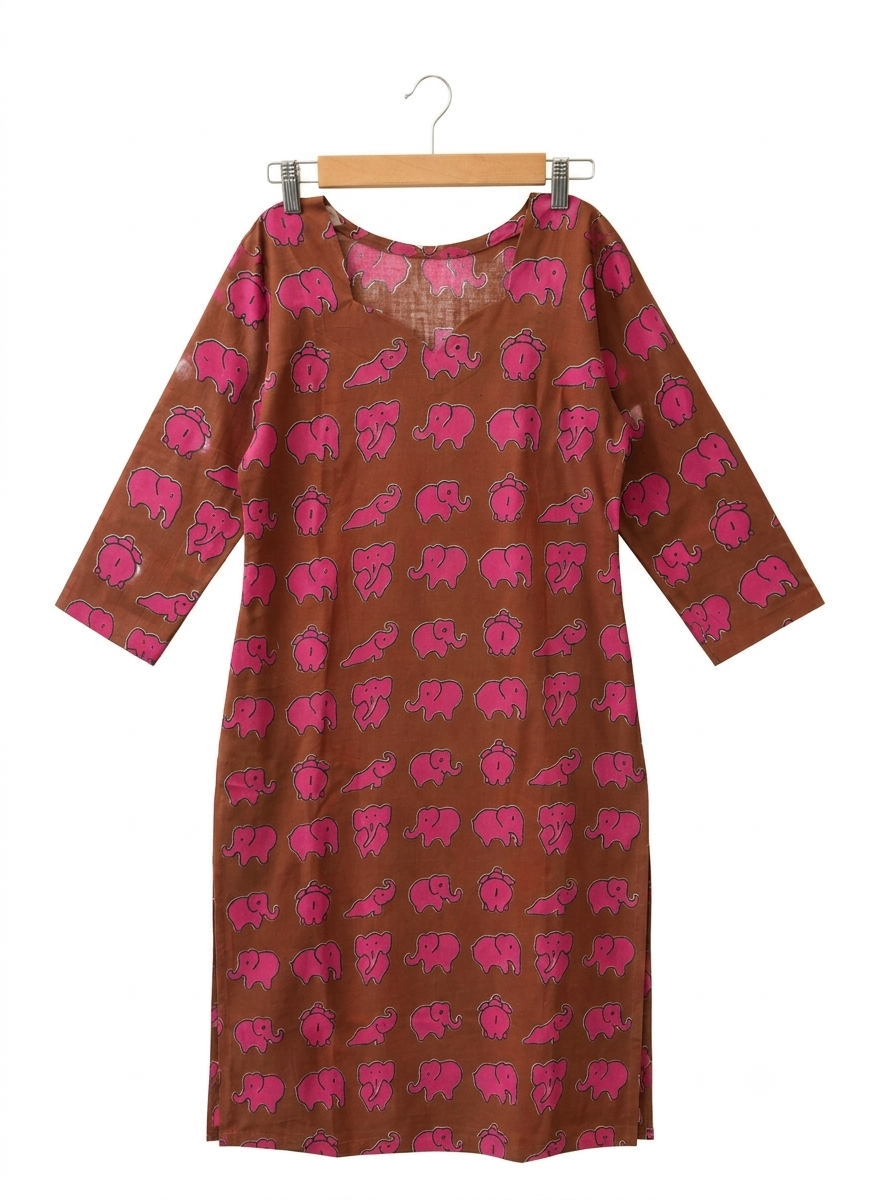 Brown Kalamkari Elephant Printed Kurti - Image 2