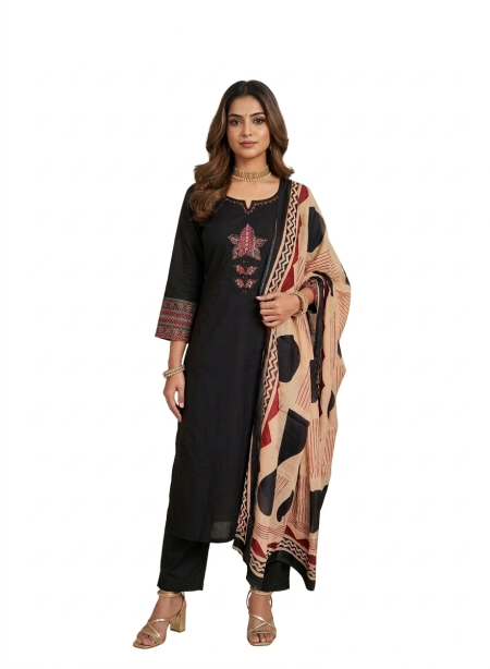 Black Patchwork Cotton Kurta Set with Pants and Dupatta