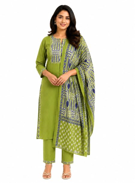 Green Patchwork Cotton Kurta Set with Pants and Dupatta