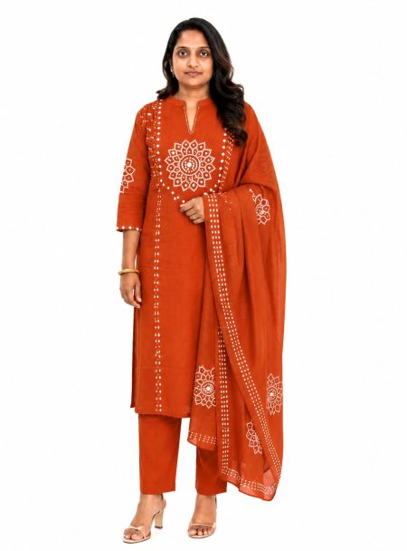 Rust Orange Bandhani Cotton Kurta Set with Pants and Dupatta