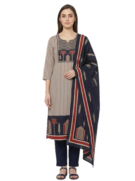 Beige with Blue Printed Kurta, Pants with Dupatta