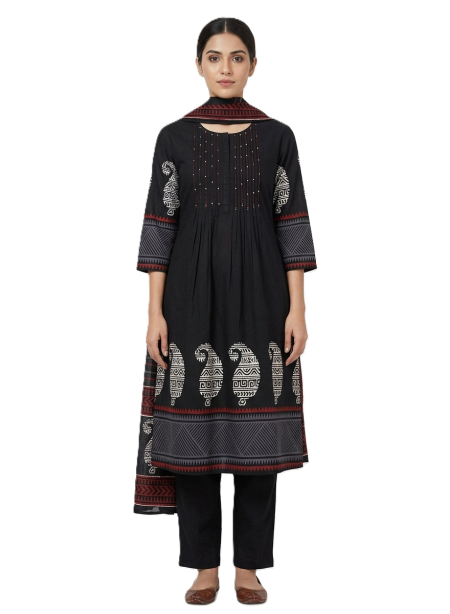 Black Printed Cotton Kurta, Pants with Dupatta