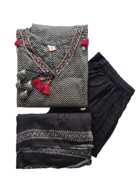 Black Printed Anarkali, Pants with Dupatta