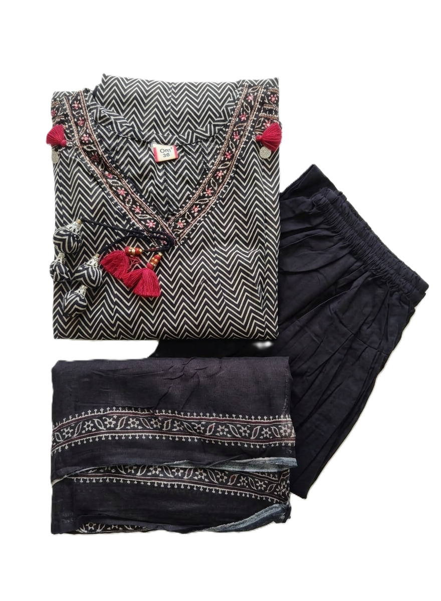 Black Printed Anarkali, Pants with Dupatta