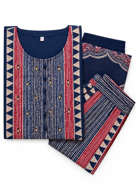 Blue Printed Cotton Kurta, Pants with Dupatta