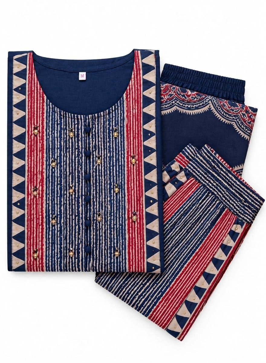 Blue Printed Cotton Kurta, Pants with Dupatta