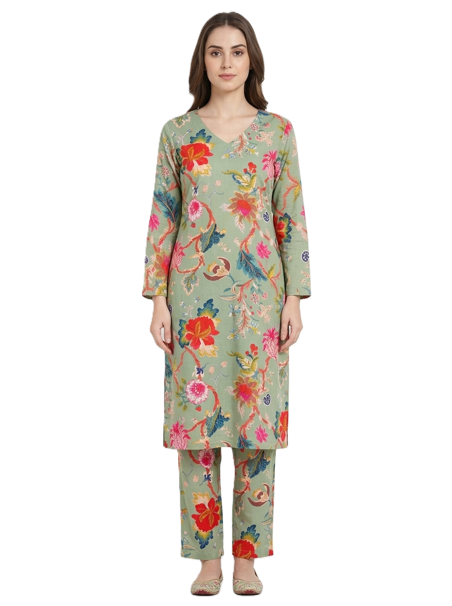 Green Floral Printed Kurta with Pants