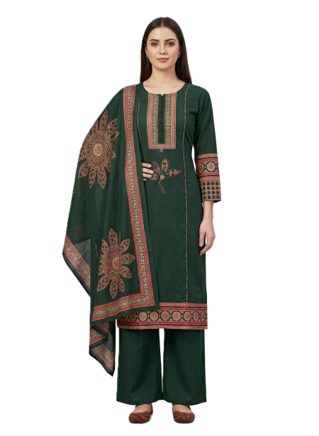 Green Printed Kurta, Pants with Dupatta