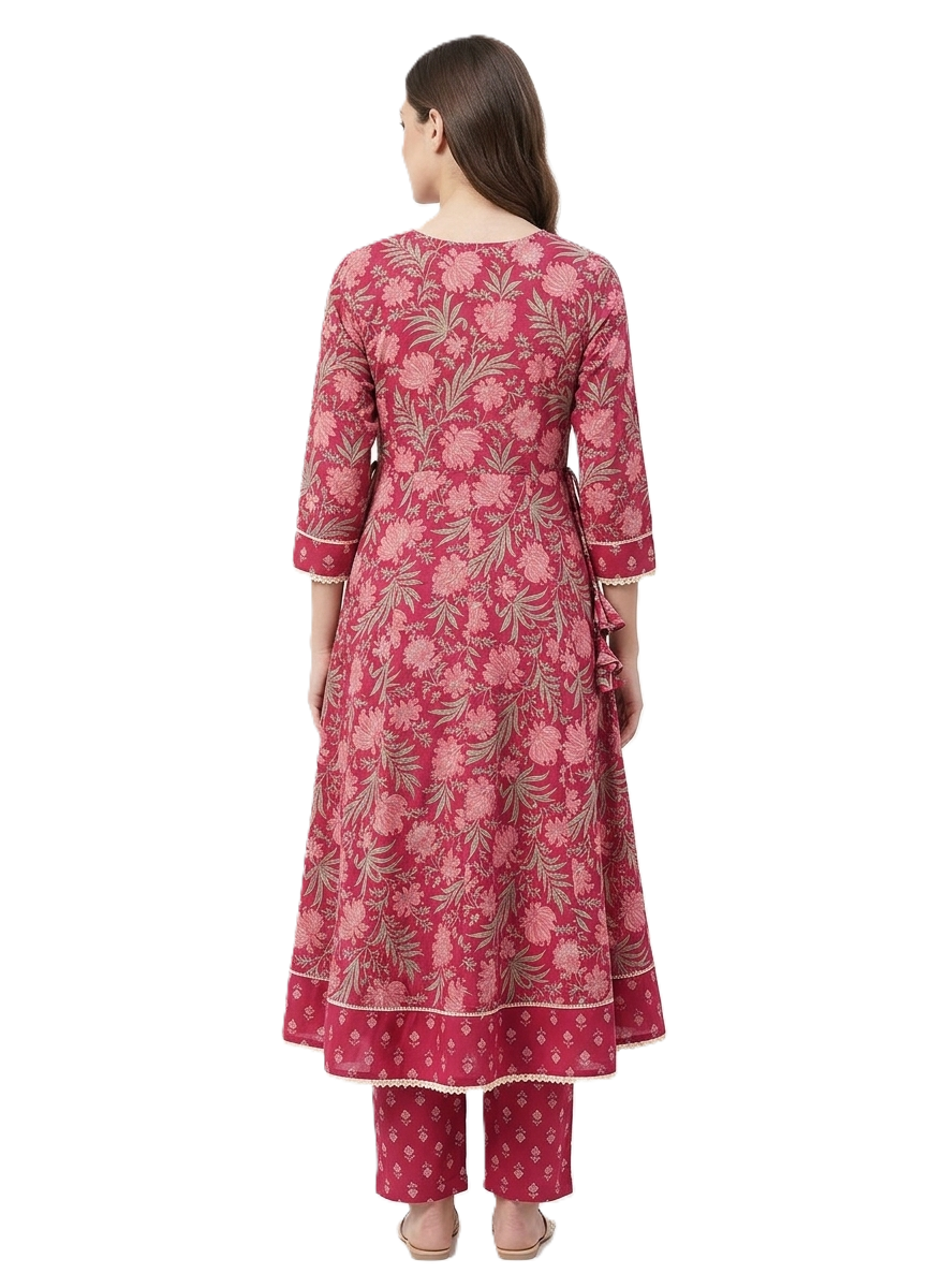 Magenta Floral Printed Cotton Anarkali, Pants with Dupatta - Image 2