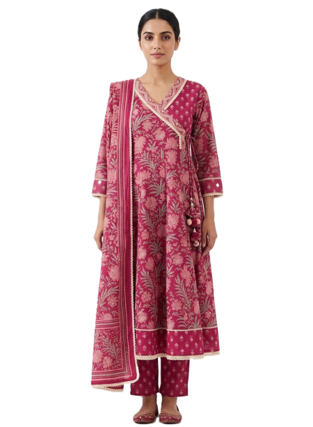 Magenta Floral Printed Cotton Anarkali, Pants with Dupatta
