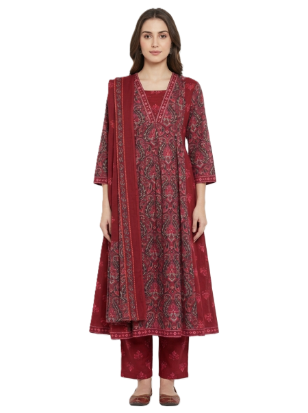 Maroon Printed Cotton Anarkali, Pants with Dupatta
