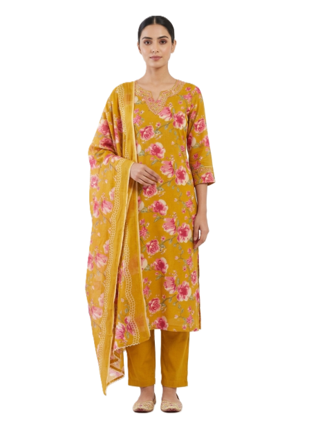 Mustard Yellow Floral Printed Cotton Kurta, Pants with Dupatta